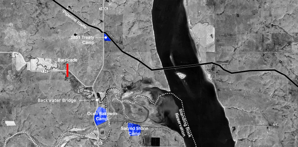 Map of camps, pipeline route, and terrain